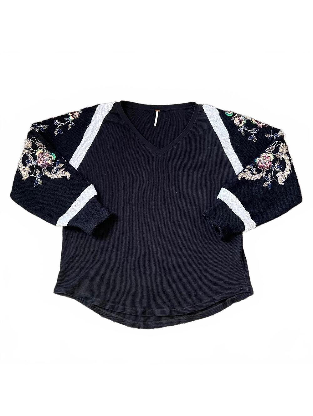 Free People Sequin Embroidered Sleeves Thermal Oversized Top